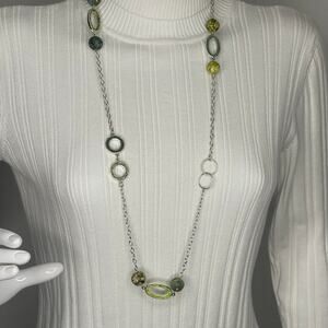 Viva Beads silver necklace silver tone green clay beads signed chunky beaded